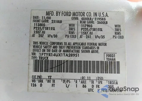 2001 Ford Ranger Xlt/Xlt App/Xlt Appearance/Edge/Edge Plus/Xl z USA, uszkodzony, nr VIN 1FTYR14UX1TA28951